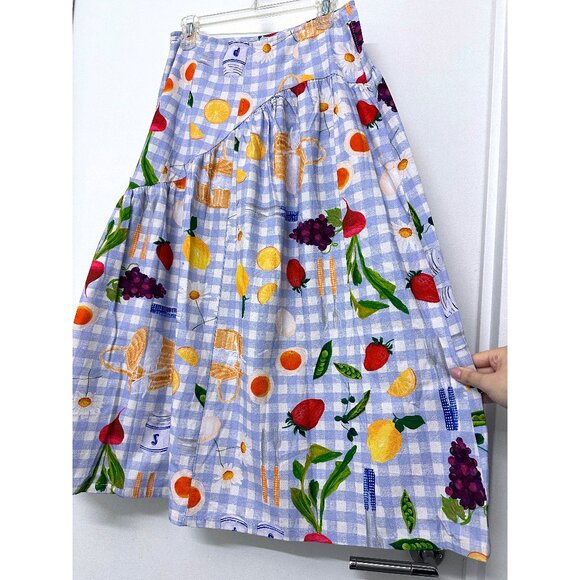NWT Lisa Says Gah Maeve Picnic Alfresco Midi Skirt Food Vegetable Blue Gingham M - Picture 14 of 14